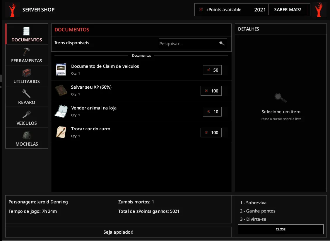 Nova interface da Loja de ZPoints